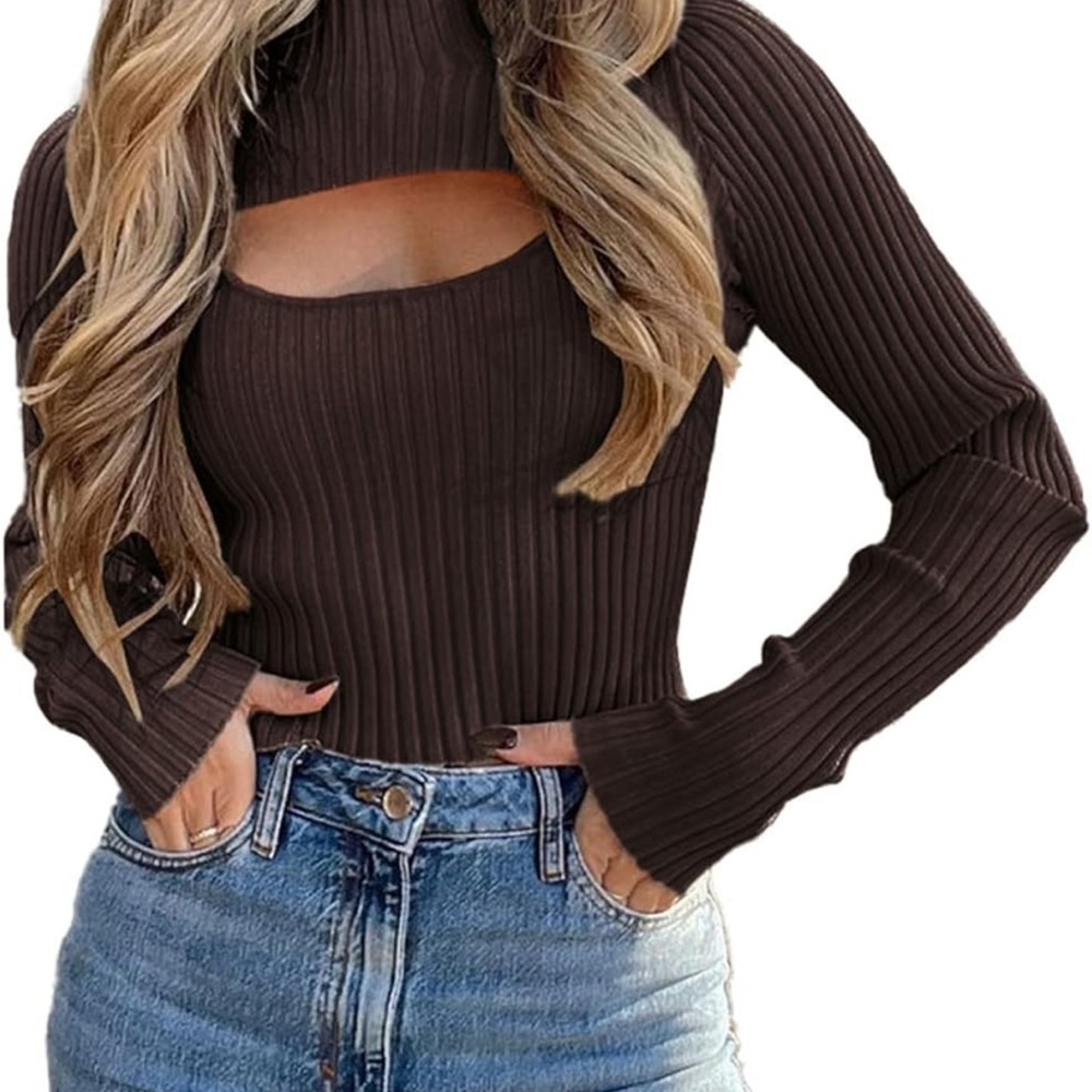 Brown Ribbed Women's Top - Picture 2 of 2